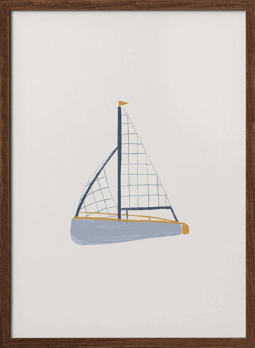Blue Sailboat Illustration | Poster - Walnut Frame Interior