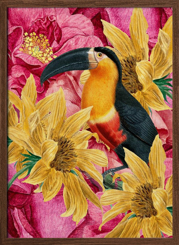 Vibrant Toucan and Flowers | Poster - Walnut Frame Interior