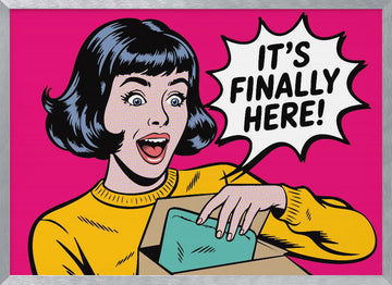 Excited Woman Unboxing | Poster - Silver Frame Interior