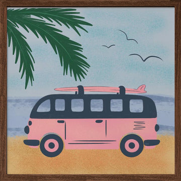 Pink Beach Camper | Poster - Walnut Frame Interior