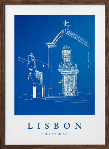Blue Lisbon Street | Poster - Walnut Frame Interior