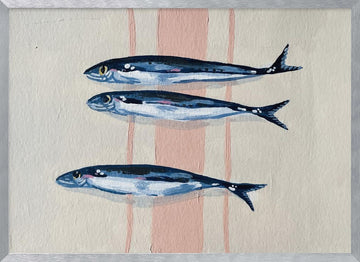 Three Blue Sardines | Poster - Silver Frame Interior