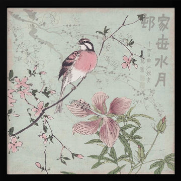 Pink Bird Cherry Blossoms | Poster - Black Metal Frame Interior