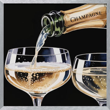 Golden Champagne Pour | Poster - Silver Frame Interior
