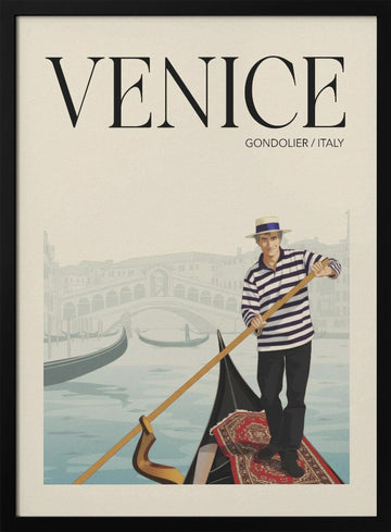 Venice Gondolier Scene | Poster - Black Metal Frame Interior