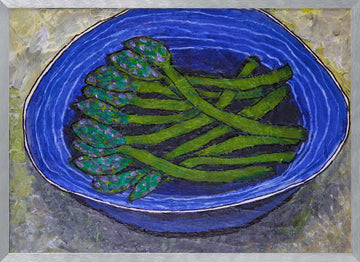 Green Asparagus In Blue Bowl | Poster - Silver Frame Interior