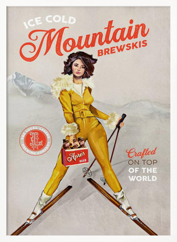Ice Cold Beer Vintage Pinup Ski Art | Poster - White Frame Interior