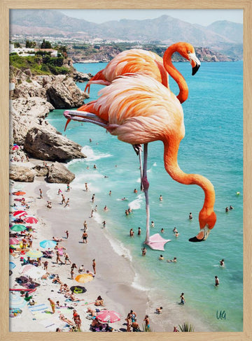 Surreal Beach Flamingos | Poster - Wood Frame Interior
