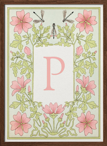 Elegant Floral Letter P | Poster - Walnut Frame Interior