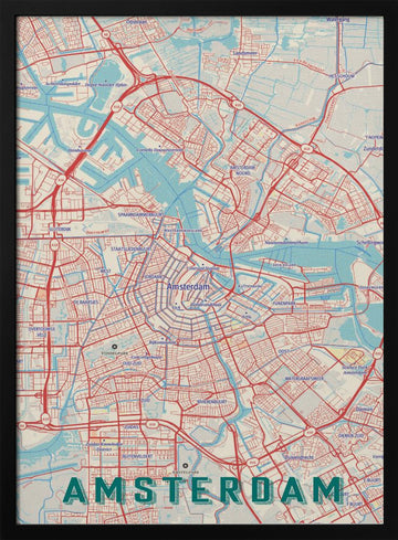 Stylized Amsterdam Map | Poster - Black Metal Frame Interior