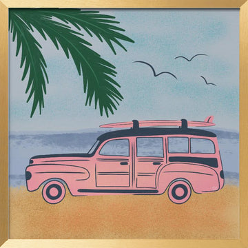 Pink Beach Surfer Car | Poster - Gold Frame Interior