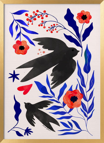 Black Swallows Blue Botanicals | Poster - Gold Frame Interior