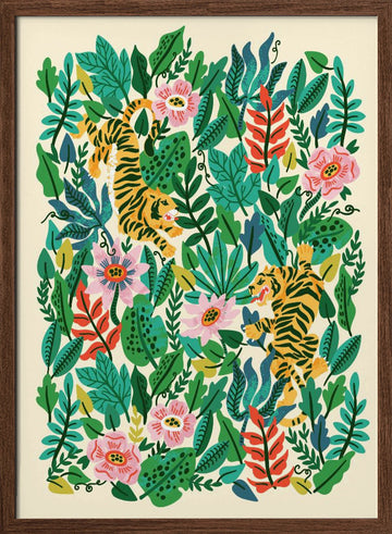 Playful Jungle Tigers | Poster - Walnut Frame Interior
