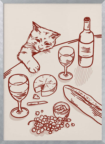 Curious Kitten Wine Table | Poster - Silver Frame Interior