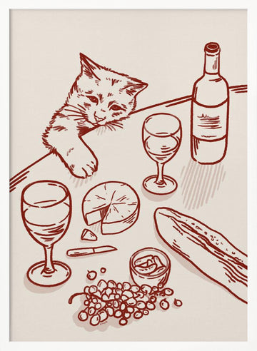 Curious Kitten Wine Table | Poster - White Frame Interior