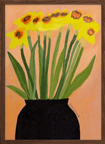Yellow Daffodils Black Vase | Poster - Walnut Frame Interior