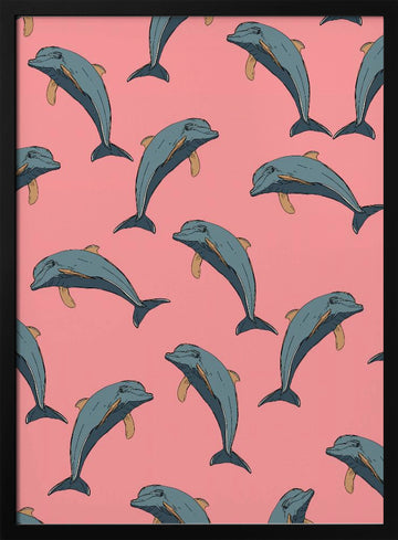 Playful Pink Dolphins | Poster - Black Metal Frame Interior