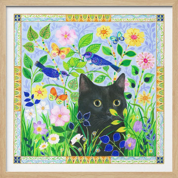 Black Cat In Jewelled Garden | Poster - Wood Frame Interior