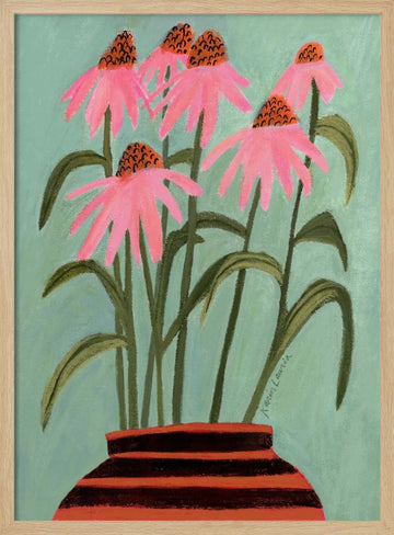 Pink Coneflowers in Vase | Poster - Wood Frame Interior