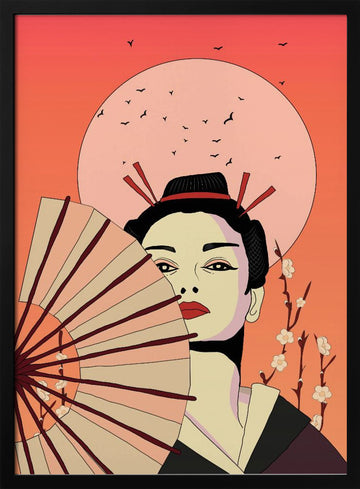Japanese Geisha with Fan | Poster - Black Metal Frame Interior