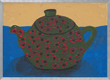 Green Floral Teapot Still Life | Poster - Silver Frame Interior