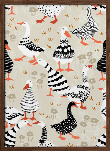 Whimsical Patterned Geese | Poster - Walnut Frame Interior