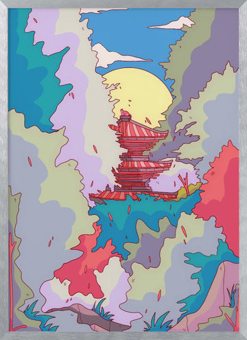 Moonlit Fantasy Pagoda | Poster - Silver Frame Interior