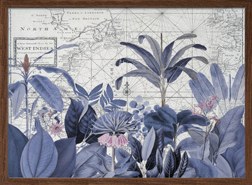 Blue Tropical Map | Poster - Walnut Frame Interior