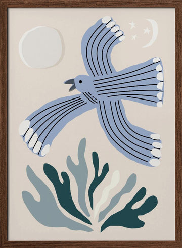 Blue Bird Night Flight | Poster - Walnut Frame Interior