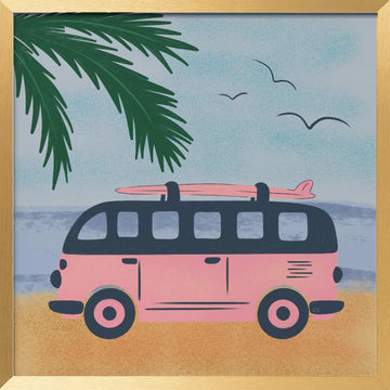 Pink Beach Camper | Poster - Gold Frame Interior