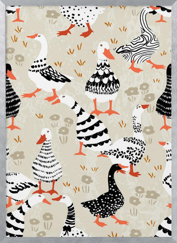 Whimsical Patterned Geese | Poster - Silver Frame Interior