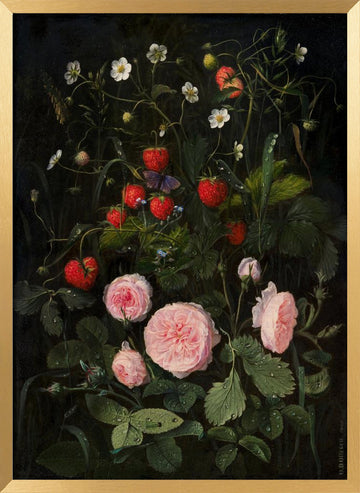 Still Life With Roses and Strawberries | Poster - Gold Frame Interior
