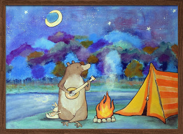 Bear Plays Banjo Camping | Poster - Walnut Frame Interior