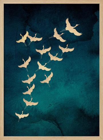 Graceful Golden Cranes | Poster - Wood Frame Interior
