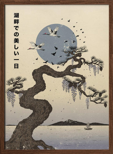 Wisteria Cranes Lake | Poster - Walnut Frame Interior