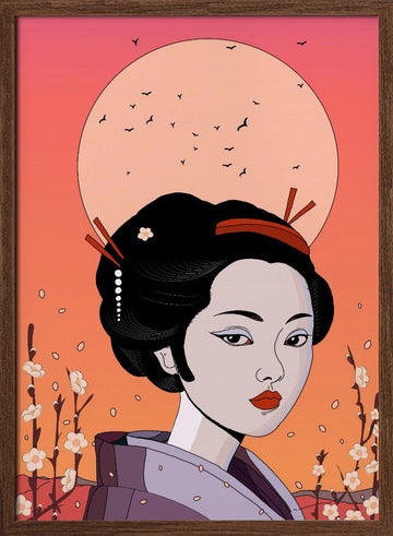 Geisha Moon Blossom | Poster - Walnut Frame Interior
