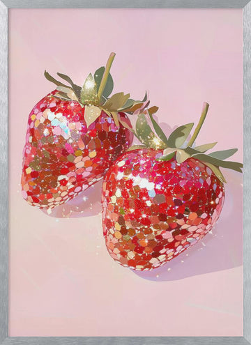 Sweet Glitter Strawberries | Poster - Silver Frame Interior