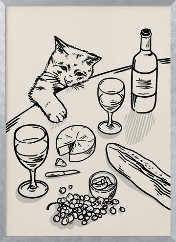 Curious Kitten Table | Poster - Silver Frame Interior