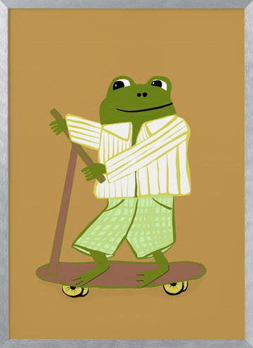 Frog On A Scooter | Poster - Silver Frame Interior