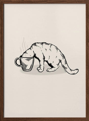 Cozy Coffee Cat | Poster - Walnut Frame Interior