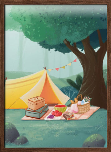 Cozy Forest Picnic | Poster - Walnut Frame Interior