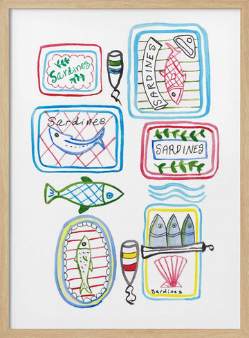 Whimsical Sardine Cans | Poster - Wood Frame Interior