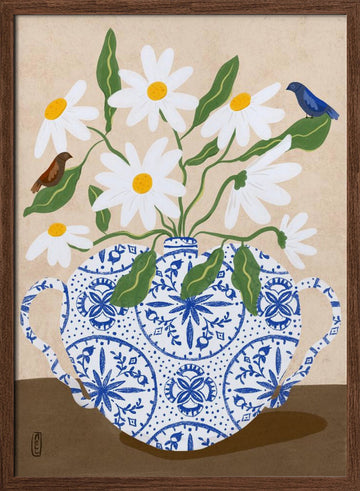 Daisies In Blue Teapot | Poster - Walnut Frame Interior