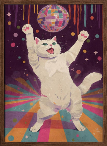 Happy Disco Cat | Poster - Walnut Frame Interior