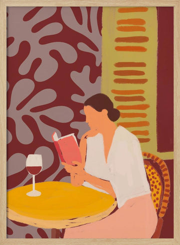 Leisurely Cafe Reading | Poster - Wood Frame Interior
