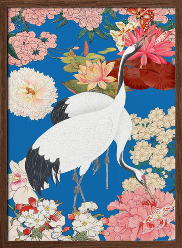Japanese Cranes Floral Art | Poster - Walnut Frame Interior
