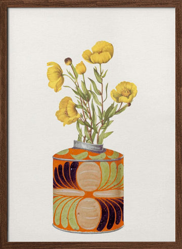 Yellow Flowers Orange Vase | Poster - Walnut Frame Interior