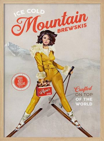 Ice Cold Beer Vintage Pinup Ski Art | Poster - Wood Frame Interior