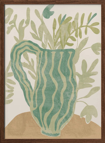 Green Striped Botanical | Poster - Walnut Frame Interior