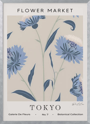 Tokyo Blue Flowers | Poster - Silver Frame Interior